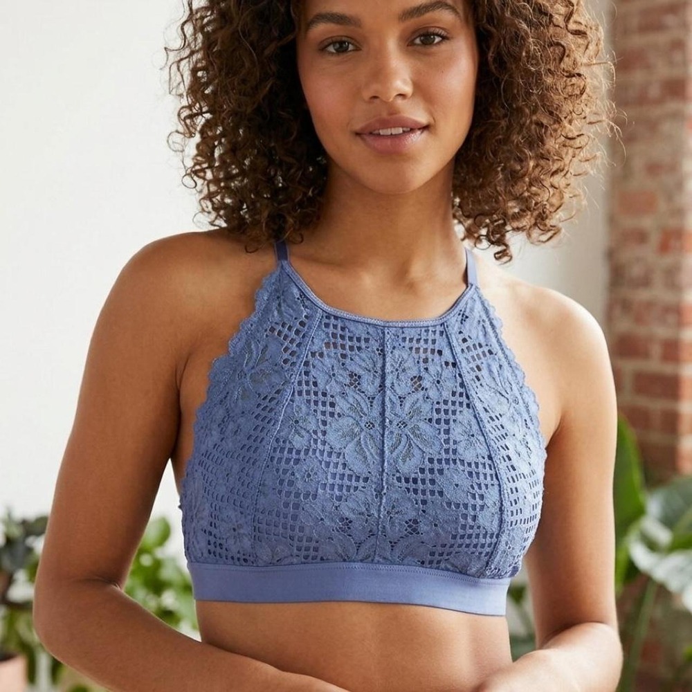 Aerie Boho Lace High Neck Halter Racerback Bralette Periwinkle Blue M
